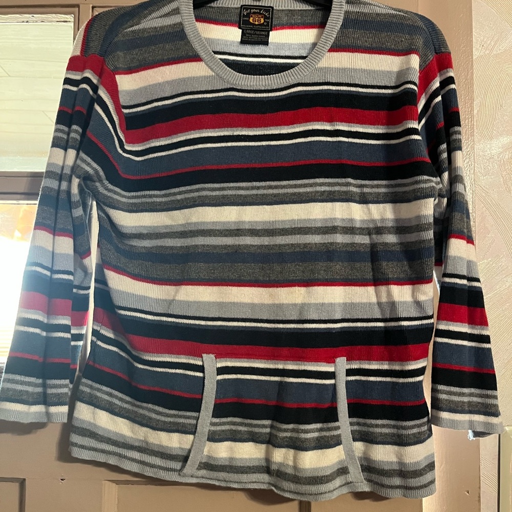 Route 66 Striped Crewneck Sweater in Navy, Red, Gray, Black, Cream